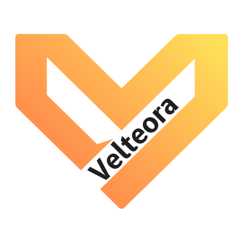 Velteora logo on black background glowing orange to yellow gradient heart shaped upward arrow with Velteora wordmark representing inspiration growth and the journey to personal success