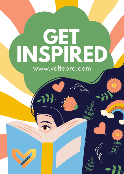 Inspirational illustration of a woman with flowing hair and flowers peeking through an open book, surrounded by hearts, rainbows, and the Velteora logo, promoting "Get Inspired" at www.velteora.com for personal growth and visionary stories.